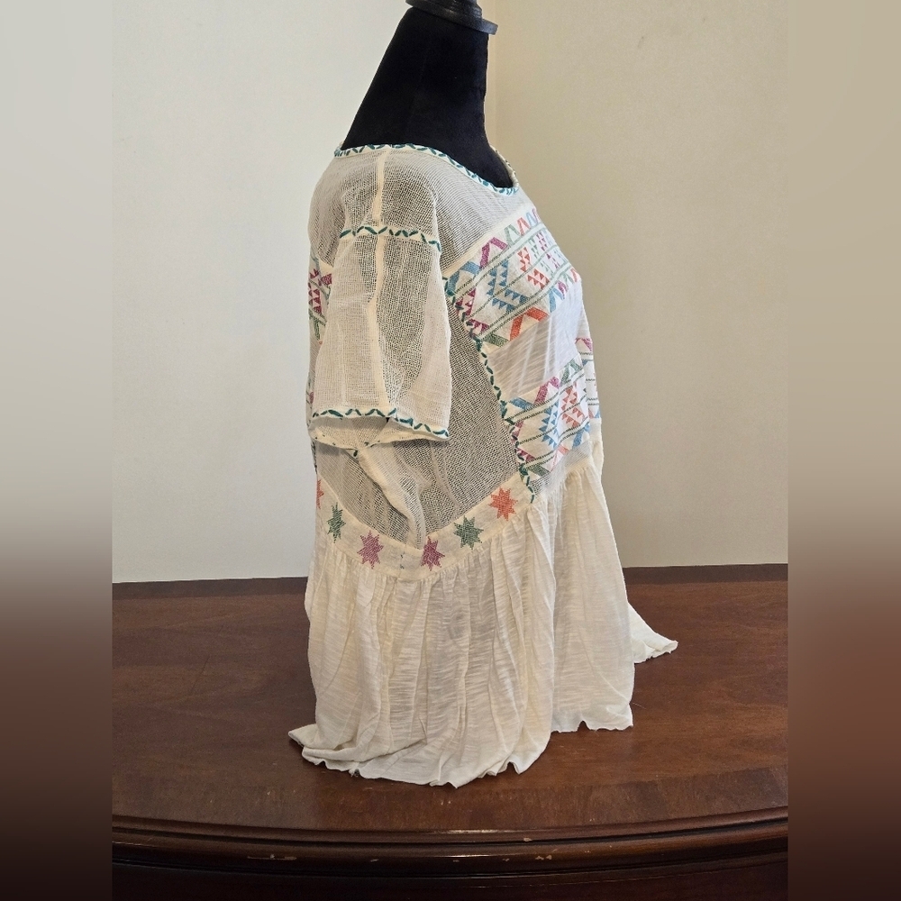 ✨FREE PEOPLE✨ Shenandoah Geometric Print Short Sleeve Babydoll Ivory Top Size XS - Picture 4 of 9